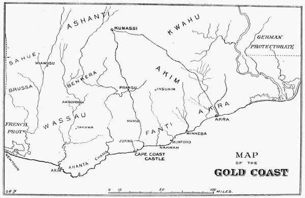 A vintage cartographic map of the Gold Coast, marking Cape Coast Castle, Winneba, Akra and Ashanti